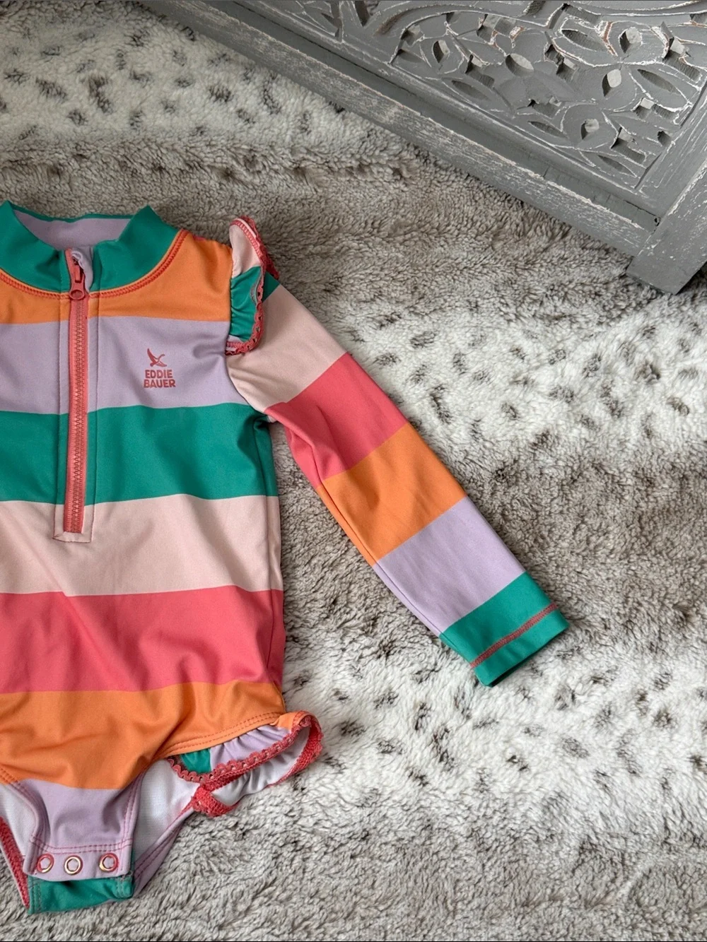 Eddie Bauer long sleeve swimsuit baby girls 18 months stripes ruffles beach